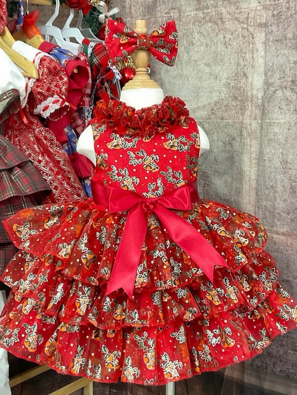 Red Floral Ruffle Tutu Dress with Satin Bow for Girls